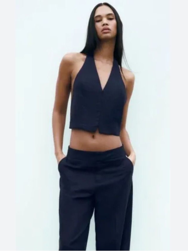 Zara Black Halter Crop Top - Deep V Neck